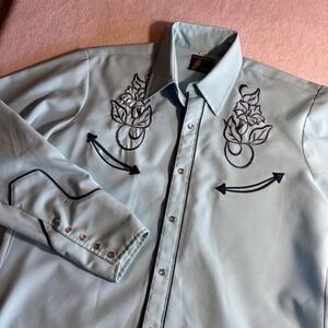 Vintage Sears Western Wear Light Blue Pearl Snap Embroidered Cowboy Shirt Men 16